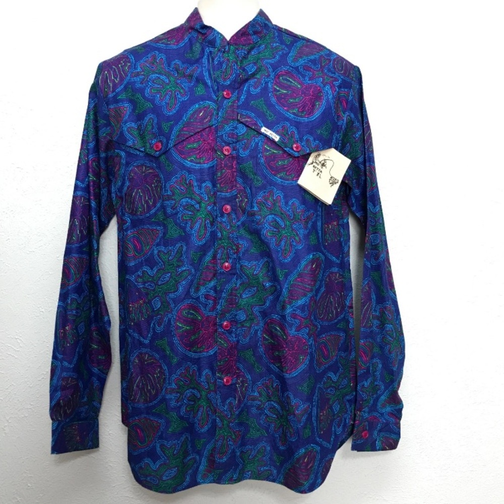 VTG Mo Betta Western Shirt Mens L 16.5 Ocean Shell Print Cowboy Rodeo Button USA